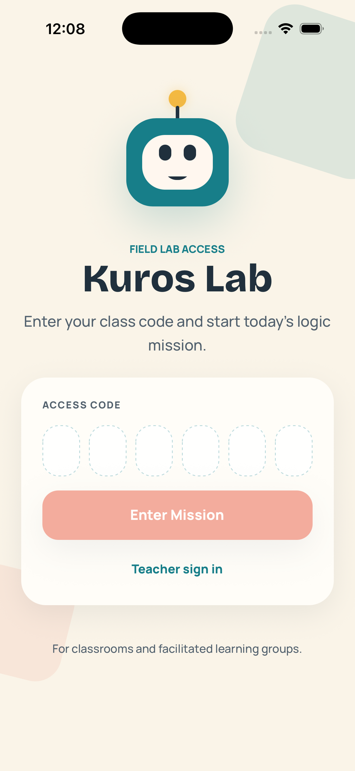 Kuros Lab access-code entry screen on iPhone